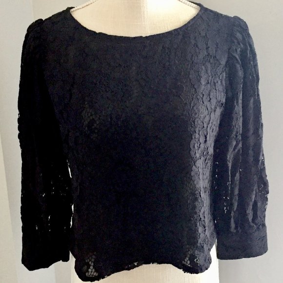 Zara Black Lace Oversized Crop Top Blouse  3/4 Bell Puff Sleeves XS - Picture 1 of 5